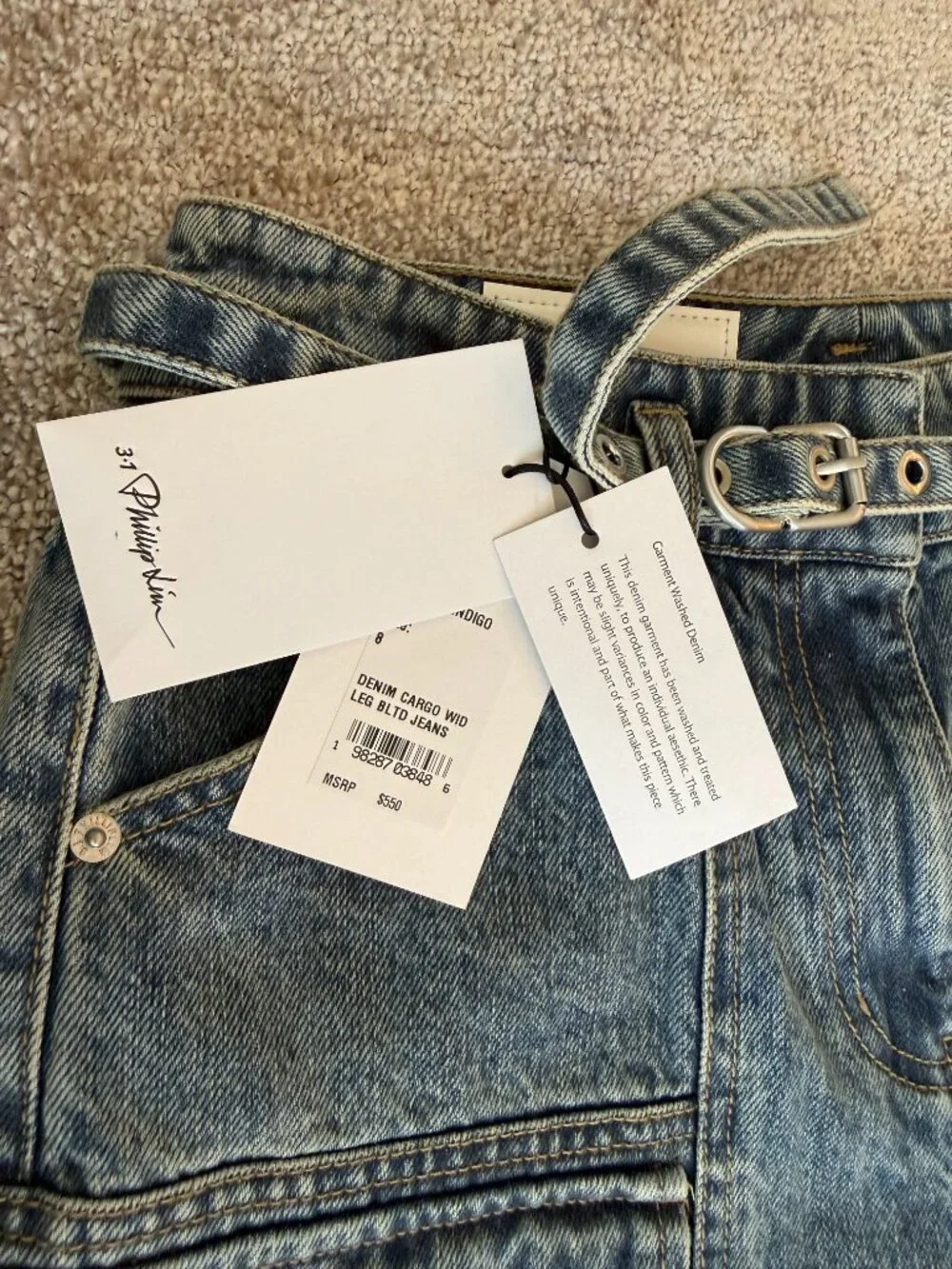 MSRP $550 - Women's 8 - Phillip Lim Blue Belted Wide-Leg Jeans - 100% Cotton